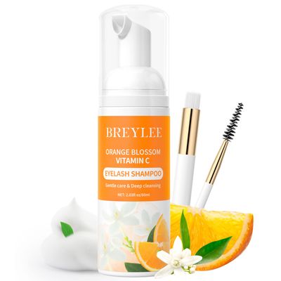 Eyelash Extension Cleanser Brelyee Orange Blossom Lash shampoo 60ml  Brush, Eyelash Wash for Extensions, Lash Cleanser, Lash Bath, Lash Cleaner, Paraben &amp; Sulfate Free for Professional &amp; Self Use