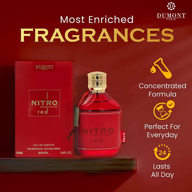 Dumont NITRO RED - 3.4oz - Eau De Parfum - Luxury Perfume for Men - Fruit, Woody, Floral &amp; Masculine Fragrance - Long Lasting Cologne Mist &amp; Body Spray - for Him