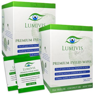 Lumivis Eyelid &amp; Eyelash Wipes with Tea Tree Oil 72 Pcs - Daily Eye Cleanser for Blepharitis, Itchy, Stye Eyes - Individually Wrapped, Natural Makeup Remover