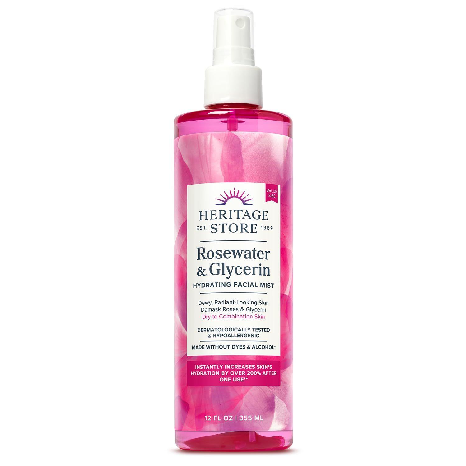 HERITAGE STORE Rosewater &amp; Glycerin Hydrating Facial Mist - Dry Combination Skin Care - Rose Water Spray wVegetable Glycerine, Made Without Dyes or Alcohol, Hypoallergenic, Vegan, Cruelty Free, 12oz