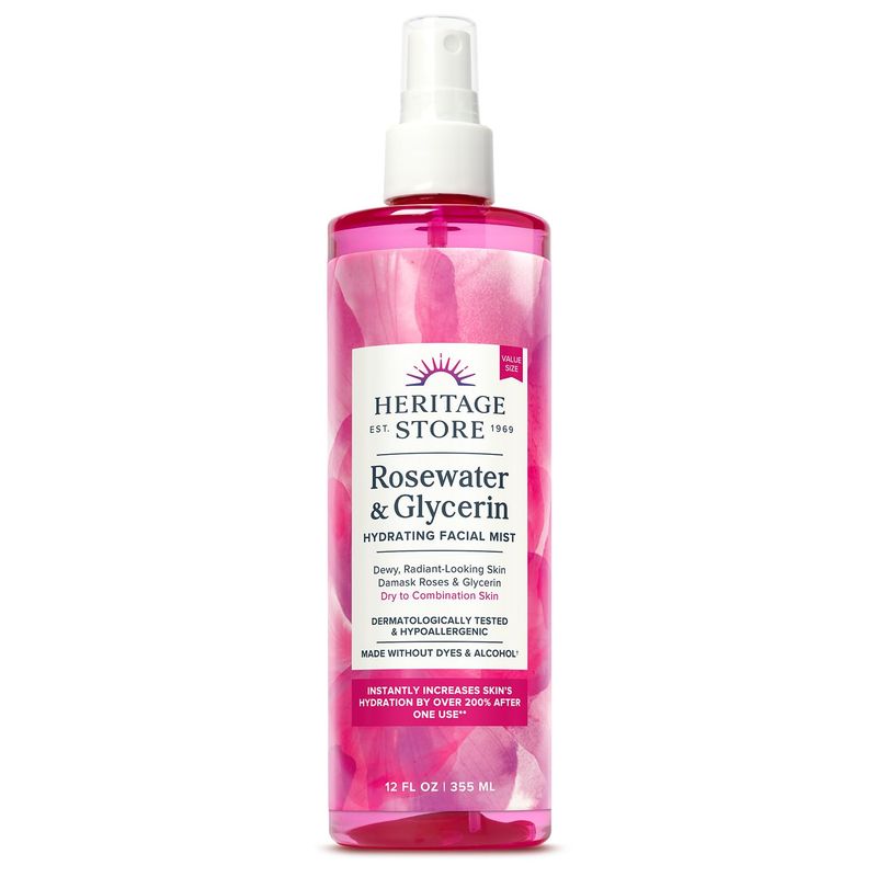 HERITAGE STORE Rosewater &amp; Glycerin Hydrating Facial Mist - Dry Combination Skin Care - Rose Water Spray wVegetable Glycerine, Made Without Dyes or Alcohol, Hypoallergenic, Vegan, Cruelty Free, 12oz