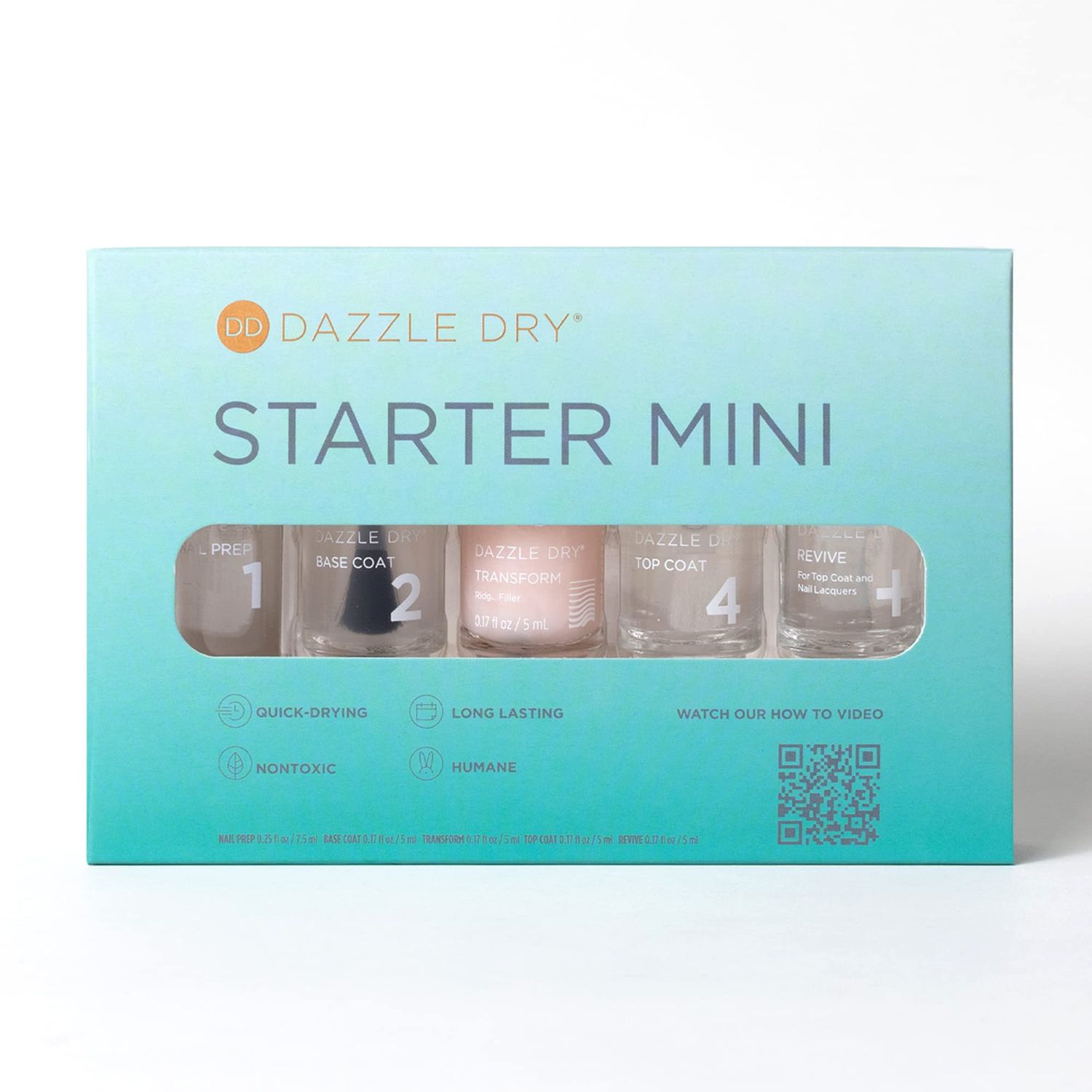 Dazzle Dry Complete Starter Mini Kit | Step 1 - Nail Prep, Step 2 - Base Coat, Step 4 - Top Coat, Transform - Ridge Filler &amp; Revive - Polish &amp; Top Coat Thinner.