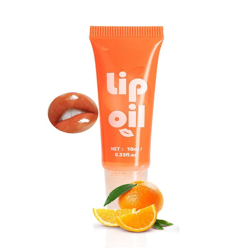 Easilydays Clear Lip Oil Moisturizing Lip Gloss, Fruity Lip Oil, Long-Lasting Glossy Lip Gloss, Natural Plumping Fruity Fruit Flavoured Lip Oil, Non-Sticky Lip Balm Care Moisturizer, 05 Orange