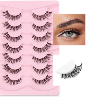 Lashes False Eyelashes Natural Cat Eye Lashes 14mm Wispy Eyelashes with Thin Memory Band Volume False Lashes Soft Strip Lashes Pack C Curl Natural Eyelashes Fake Lashes 7 Pair EVENTILL