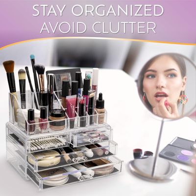 BROOKSTONE Makeup Organizer for Vanity, Cosmetic Display Case with Drawers, Fits Brushes, Lipsticks, and Other Accessories, Versatile Storage Solution, clear