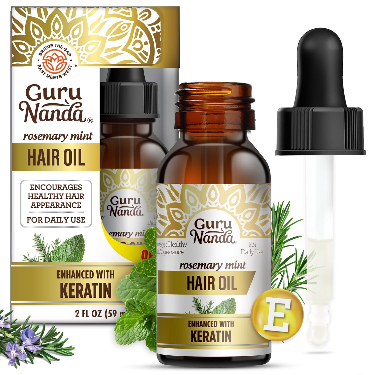 GuruNanda Rosemary Mint for Hair Growth with Keratin &amp; Vitamin E Oil - Encourages Scalp, Shine &amp; Hair Strengthening- 100% Natural, Cruelty-Free, 2oz