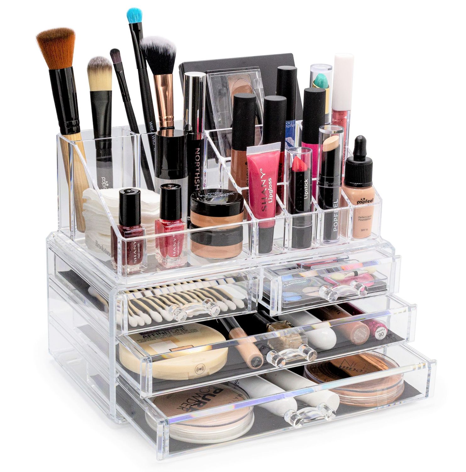 BROOKSTONE Makeup Organizer for Vanity, Cosmetic Display Case with Drawers, Fits Brushes, Lipsticks, and Other Accessories, Versatile Storage Solution, clear