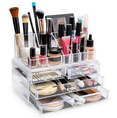 BROOKSTONE Makeup Organizer for Vanity, Cosmetic Display Case with Drawers, Fits Brushes, Lipsticks, and Other Accessories, Versatile Storage Solution, clear