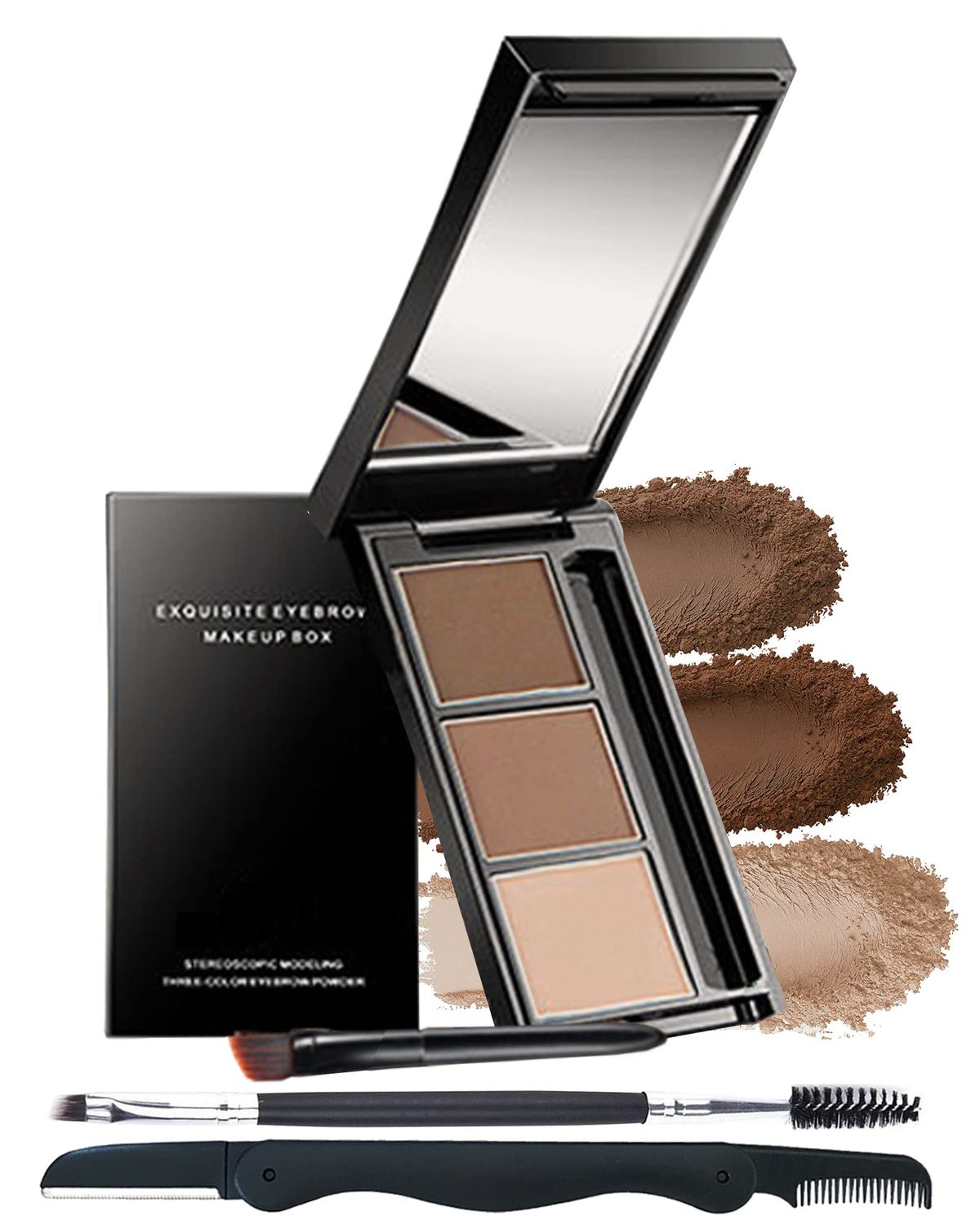 Eyebrow Powder Makeup Kit-3 Colors Eye Brow Powder Palette Long-Lasting Waterproof, Darklight Brown Brow Filler, Fill &amp; Sculpt Full Eyebrows for Women, With Mirror, Brow Brush &amp; Razor-Set 02