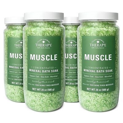 Village Naturals Therapy, Muscle Concentrated Mineral Bath Soak, Eucalyptus Mint Scent, 20 oz, Pack of 4