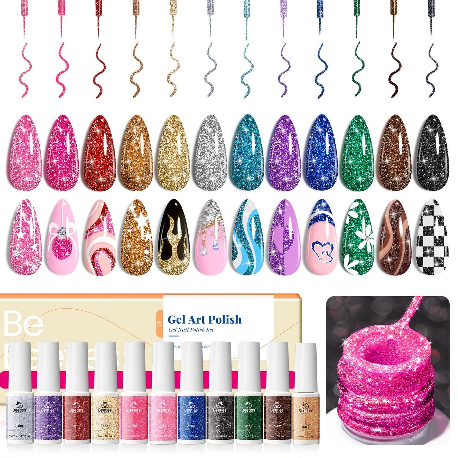Beetles Nail Art Gel Liner Polish 12 Colors Reflective Glitter Gel Nail Polish, Gold Silver Pink Blue Purple Brown Black Gel Kit Soak Off Uv Nail Art Design Set Spring Gel Valentines Gifts for Women