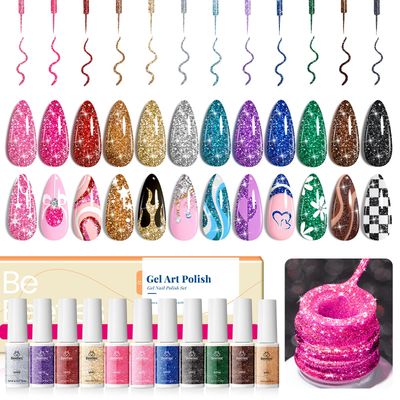 Beetles Nail Art Gel Liner Polish 12 Colors Reflective Glitter Gel Nail Polish, Gold Silver Pink Blue Purple Brown Black Gel Kit Soak Off Uv Nail Art Design Set Spring Gel Valentines Gifts for Women