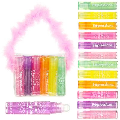 Expressions 12pc Roll On Lip Gloss Set wMaribou Handle Carrying Case, Lip Makeup for Kids and Teens - Assorted Fruity Flavors, Non Toxic, Kid Friendly, Party Gift, Best Friends