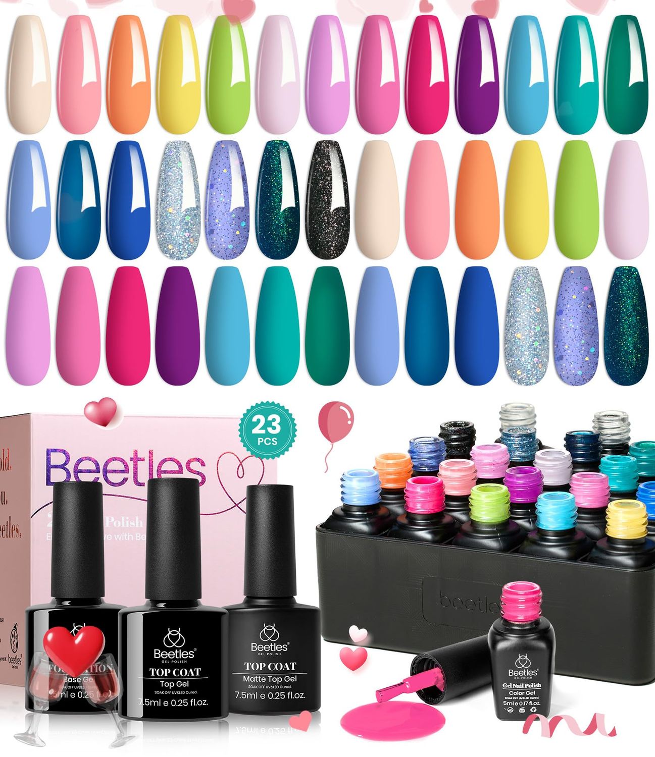 Beetles 23Pcs Gel Nail Polish Set with Base Gel Top Coat Spring Bright Colors, 2025 Valentine Gel Polish Kit Blue Pink Purple Orange Green Glitter Soak Off Uv Led Nail Gel Trendy Rainbow Nail Art