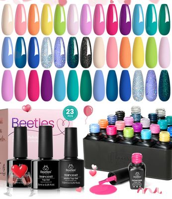Beetles 23Pcs Gel Nail Polish Set with Base Gel Top Coat Spring Bright Colors, 2025 Valentine Gel Polish Kit Blue Pink Purple Orange Green Glitter Soak Off Uv Led Nail Gel Trendy Rainbow Nail Art