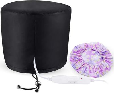 Heated Electric Thermal Steamer Cap for Natural Black Afro Hair - Hot Spa Treatment Hat with Temperature Control for Deep Conditioning at Home - Black