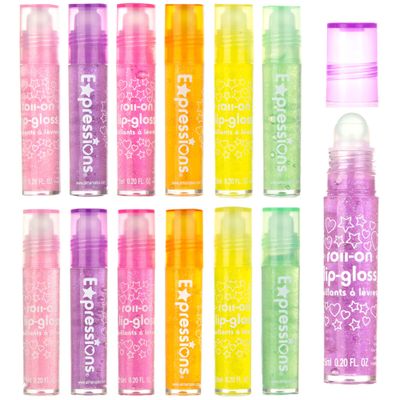 Expressions 12pc Roll On Lip Gloss Set wMaribou Handle Carrying Case, Lip Makeup for Kids and Teens - Assorted Fruity Flavors, Non Toxic, Kid Friendly, Party Gift, Best Friends