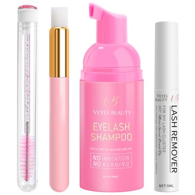 VEYESBEAUTY Cluster Lash Remover &amp; Cleaner Kit DIY Lash Aftecare Kit for Eyelash extensions and Natural Lashes, Remover, Shampoo, Cleansing Brush, Mascara Wand Self-Application Eyelash Cleansing Kit