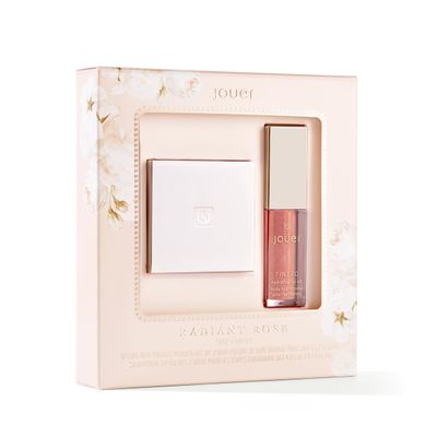 Jouer Radiant Rose Face  Lip Set, Translucent Setting Powder &amp; Shimmer Lip Oil - Blurring Powder - Hydrating Lip Oil - Set Face Makeup