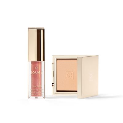 Jouer Radiant Rose Face  Lip Set, Translucent Setting Powder &amp; Shimmer Lip Oil - Blurring Powder - Hydrating Lip Oil - Set Face Makeup