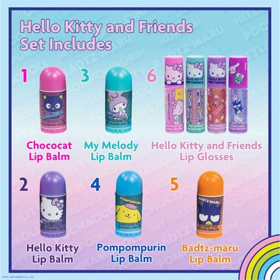 Townley Girl Hello Kitty and Friends 5 Pk Lip Balm and 4 Pk Lip Gloss Set wBag, Makeup Cosmetic Set for Kids and Girls, Ages 3, Perfect for Parties, Sleepovers &amp; Makeovers