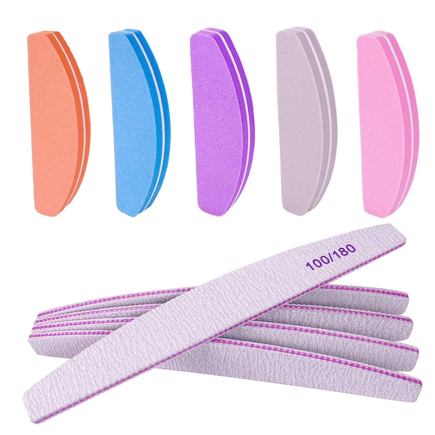 Nail File and Buffer (10 Pcs), Buffer Block Nail Files Double Sided 100180 Grit for Acrylic and Natural Nails, fingernail Emery Board Buffing Blocks Manicure Set Nail Care kit Tool Halfmoon Arc