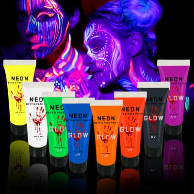 UV Face and Body Paint Glow Set of 8 Colors, Fluorescent Make Up Palette Neon Halloween Art Fancy Party