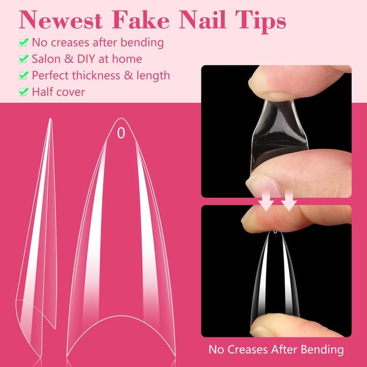 Quaferen Clear Stiletto Nail Tips, 500PCS Half Cover Soft Gel Nail Tips Medium Stiletto False Nails Almond Shape Curved Nail Tips for Acrylic Nails Salon Home DIY with Box 10Sizes