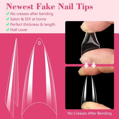 Quaferen Clear Stiletto Nail Tips, 500PCS Half Cover Soft Gel Nail Tips Medium Stiletto False Nails Almond Shape Curved Nail Tips for Acrylic Nails Salon Home DIY with Box 10Sizes