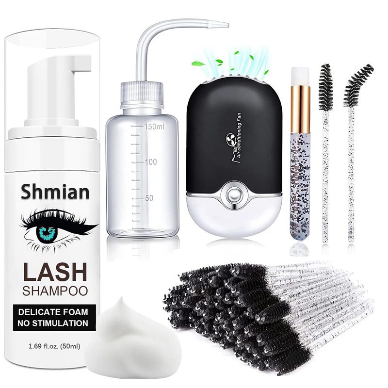 Shmian Lash Shampoo for Lash Extensions, Lash Fan with 50ml Eyelash Foam Cleanser and 50 Pcs Eyelash Brush and Rinse Bottle Oil FreeSulfate Free Eyelash Wash Remover For Eyelash Extension Wash, Black