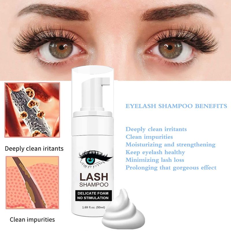 Shmian Lash Shampoo for Lash Extensions, Lash Fan with 50ml Eyelash Foam Cleanser and 50 Pcs Eyelash Brush and Rinse Bottle Oil FreeSulfate Free Eyelash Wash Remover For Eyelash Extension Wash, Black