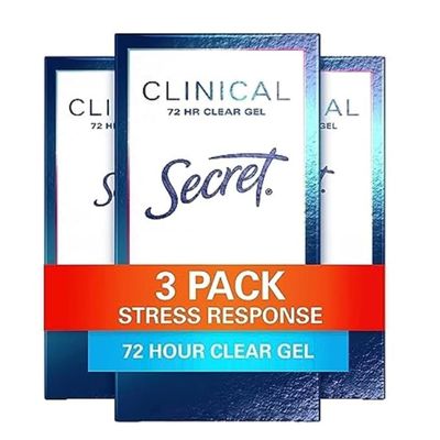 Secret Deodorant and Antiperspirant Clinical Strength for Women, Stress Response, 72hr Stress Sweat Protection, PH Balancing Minerals, Clear Gel, 1.6 oz (Pack of 3)
