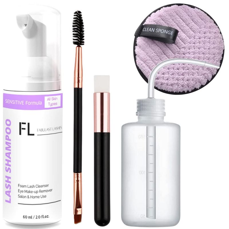 Eyelash Cleanser for Extensions Kit - Sensitive Lash Wash for Eyelash Extensions and Natural Lashes | Oil FREE Makeup &amp; Mascara Remover Lash Cleaner Shampoo - Salon and Home Use (60 ml)