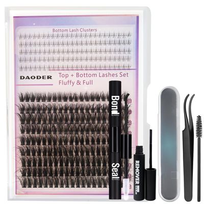 DAODER Fluffy Eyelash Extension Kit Wispy Cluster Lashes Natural Look DIY Lash Extension Kit with Bottom Lashes 50D Individual Lashes with Lash Bond Seal Lash Remover(50D  Bottom Lash Clusters Kit)