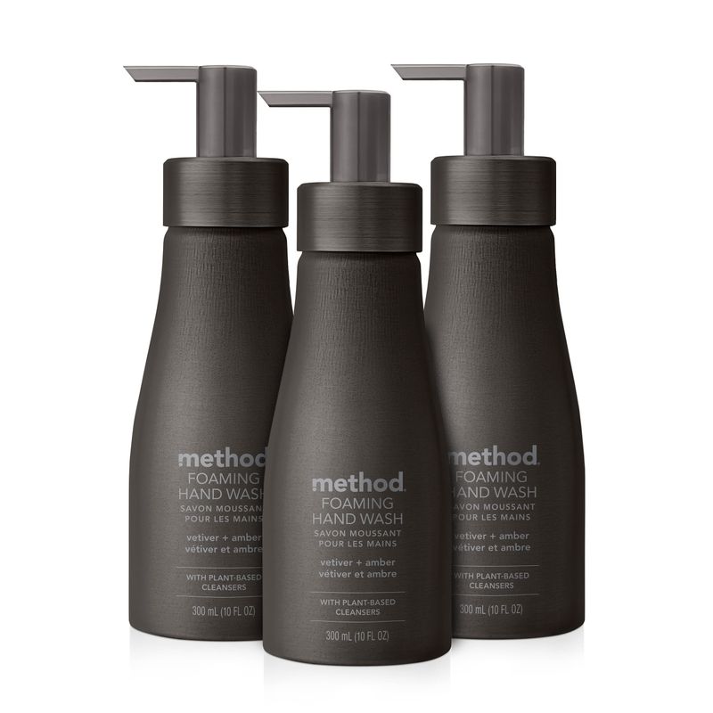 Method Premium Foaming Hand Wash, Vetiver  Amber, Reusable Black Aluminum Bottle, Biodegradable Formula, 10 fl oz (Pack of 3)