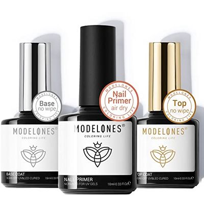 modelones Gel Top Coat and Base Coat With Nail Primer, 3 Pcs 10 ml No Wipe Base and top coat Gel Nail Polish Nail Bonder Primer Gel Nail kit