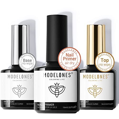 modelones Gel Top Coat and Base Coat With Nail Primer, 3 Pcs 10 ml No Wipe Base and top coat Gel Nail Polish Nail Bonder Primer Gel Nail kit