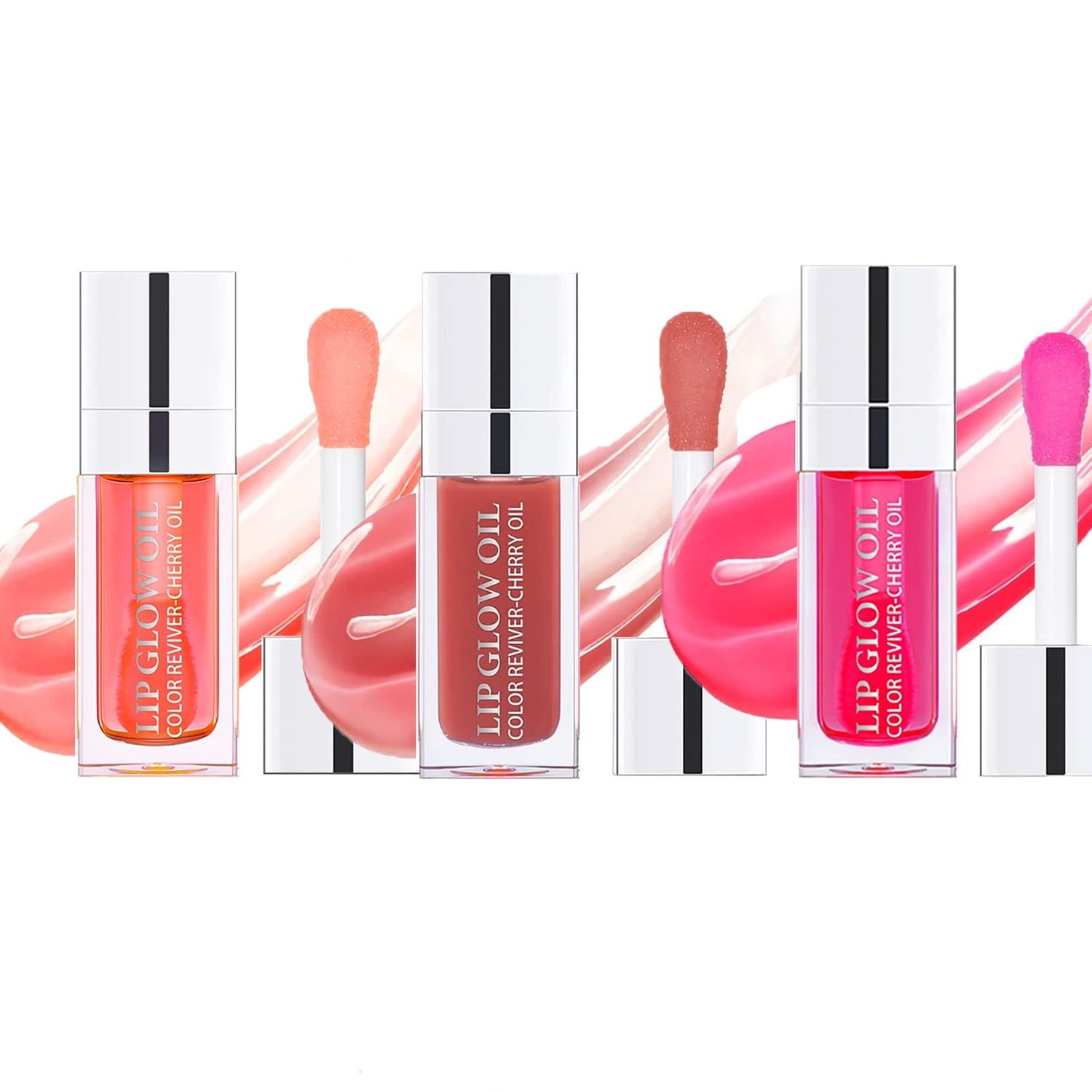 3Pcs Plumping Lip Oil, Hydrating Lip Gloss Tinted Lip Balm Lip Care Transparent Toot Lip Oil, Long Lasting Nourishing Lip Glow Oil Non-sticky Glitter Shine Primer Lip Tint (PinkRosewood Cherry Red)