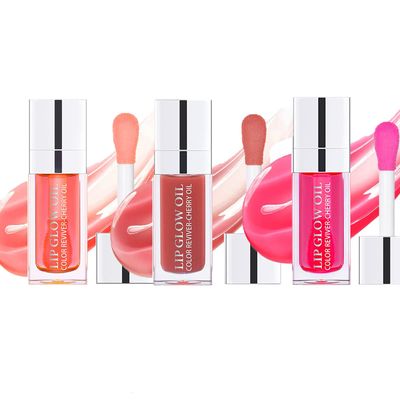 3Pcs Plumping Lip Oil, Hydrating Lip Gloss Tinted Lip Balm Lip Care Transparent Toot Lip Oil, Long Lasting Nourishing Lip Glow Oil Non-sticky Glitter Shine Primer Lip Tint (PinkRosewood Cherry Red)