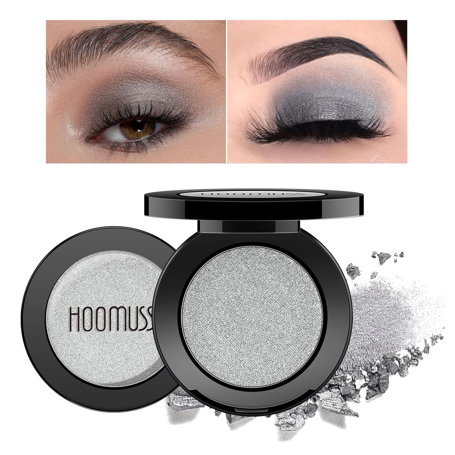 HOOMUSS Silver Eyeshadow Single Handmade Shimmer Gothic Eye Sahdow Makeup Palette for Halloween, High Pigmented &amp; Long Lasting, Intense Color Silver Eyes (Silver)