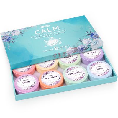 CalmNFiz Shower Steamers 8 Pack Set Shower Bombs Tablets in Box with 8 Fragrances with Shea Butter for Self-Care &amp; Relaxation, Idea for Women and Men