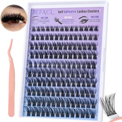 Self Adhesive Eyelashes Clusters Press on Lash Clusters Wispy Lash Extensions No Glue Needed Lashes Clusters Natural Cluster Eyelash Extensions Kit with Tweezers (8-16mm,C Curl)