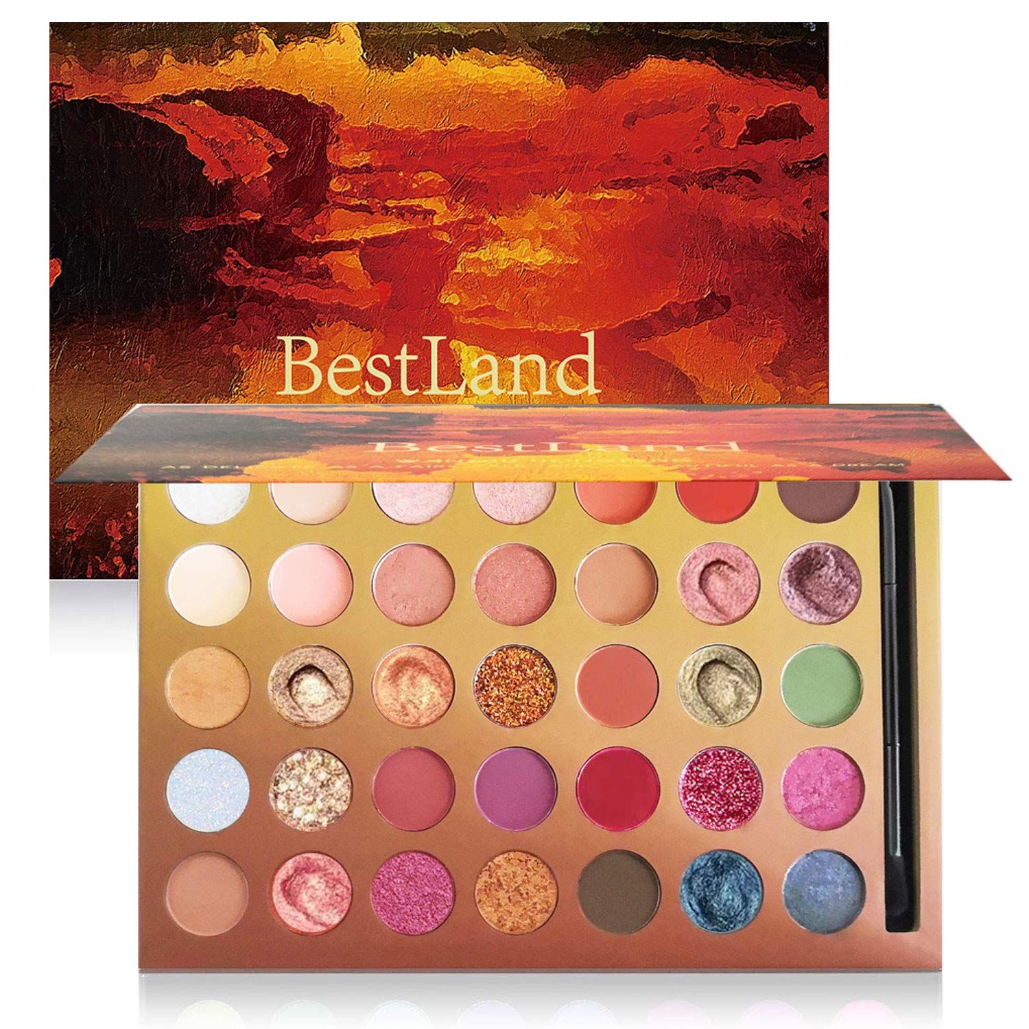 BestLand Pro 35 Colors Glitter Eyeshadow Palette with Eyeshadow BrushHighly Pigmented Pressed Soft Creamy Metallic Matte Shimmer Naked Eye Shadow Powder Makeup Palette Set