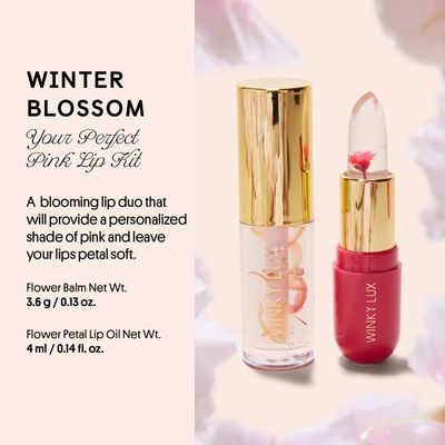 Winky Lux Winter Blossom Pink Lip Kit, Includes Pink Flower Ph Lip Balm &amp; Flower Petail Clear Lip Oil, Ph Color Changing Lipstick Kit