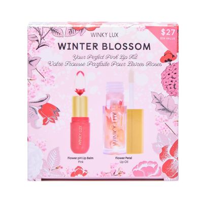 Winky Lux Winter Blossom Pink Lip Kit, Includes Pink Flower Ph Lip Balm &amp; Flower Petail Clear Lip Oil, Ph Color Changing Lipstick Kit