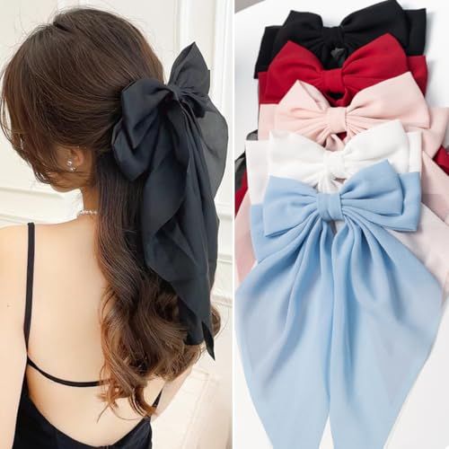 Hair Bows for Women &amp; Girls Big Bow Clips with Ribbons - Bow-Knot Clips for Thick &amp; Thin Hair, Nonslip Claw Clips, 5 PCS
