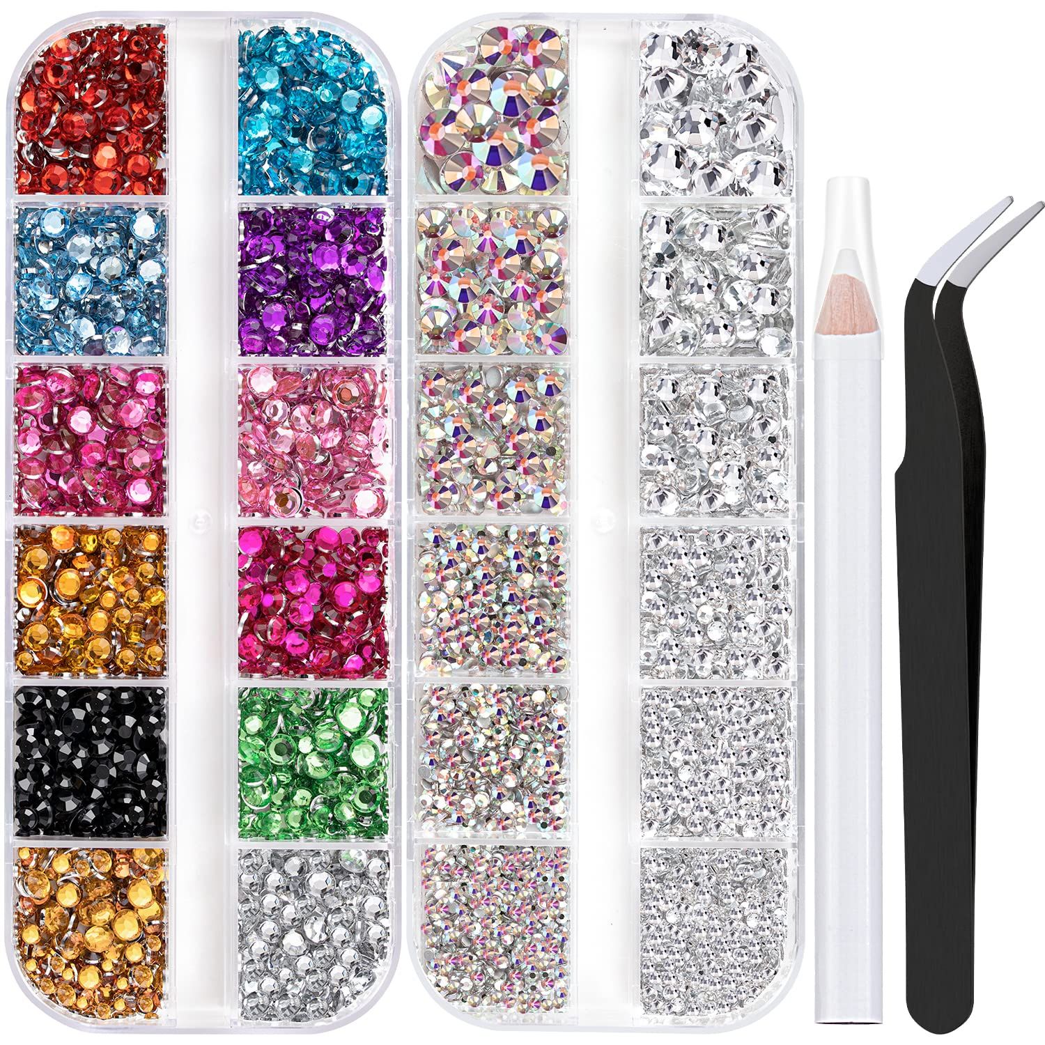 Two Packs of Flatback Rhinestones 4520 Pcs Rainbow Gems Crystal Nail Rhinestones for Crafting, Colorful ABTransparent White Rhinestones for Bedazzling with Picker Tools for Nail Art and Face Makeup