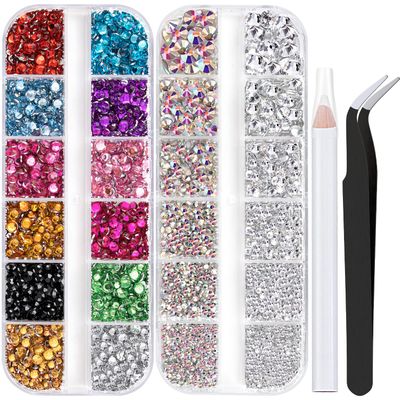 Two Packs of Flatback Rhinestones 4520 Pcs Rainbow Gems Crystal Nail Rhinestones for Crafting, Colorful ABTransparent White Rhinestones for Bedazzling with Picker Tools for Nail Art and Face Makeup
