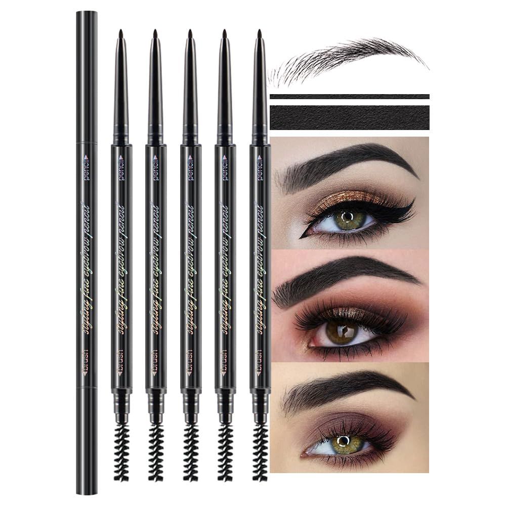 5 Pcs Waterproof Dual-Sided Fine Tip Eye Brow Pencils Pack,Ultra-Fine Mechanical Pencil,Draws Tiny Brow Hairs, Defines, Fills Brows, Shapes, Contours, Combs, (Pack of 5)-Black