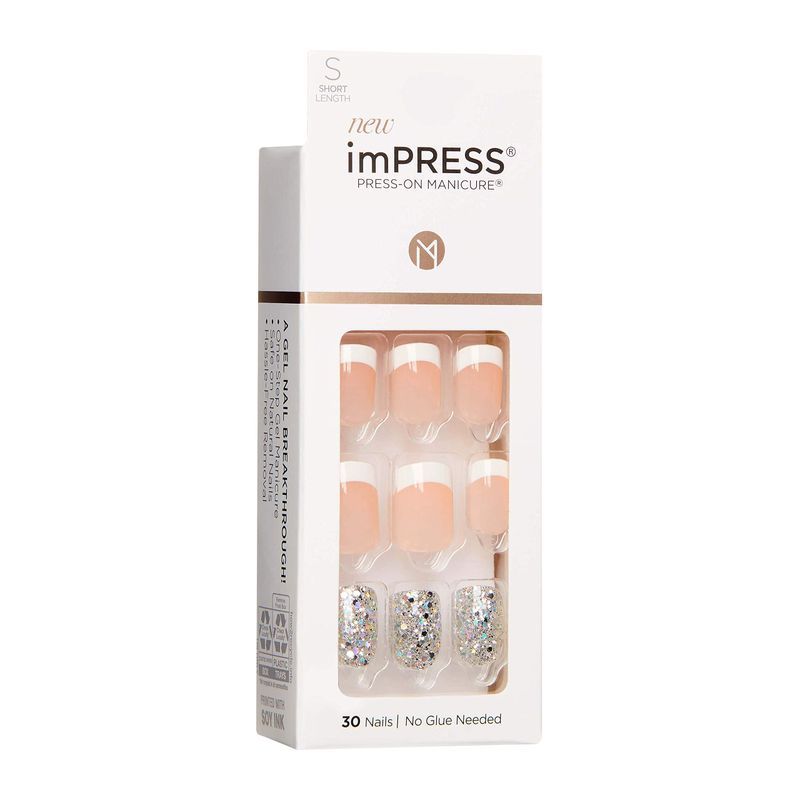 KISS imPRESS Press-On Manicure, Nail Kit, PureFit Technology, Short Press-On Nails, 'Time Slip', Includes Prep Pad, Mini Nail File, Cuticle Stick, and 30 Fake Nails